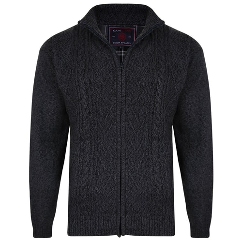 KAM Full Zip Check Lined Cardigan Charcoal